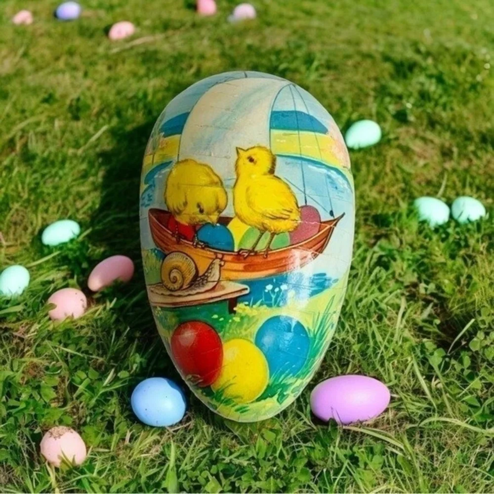 Vintage Large Paper Mache Easter Egg Candy Container West Germany Chickens Boat